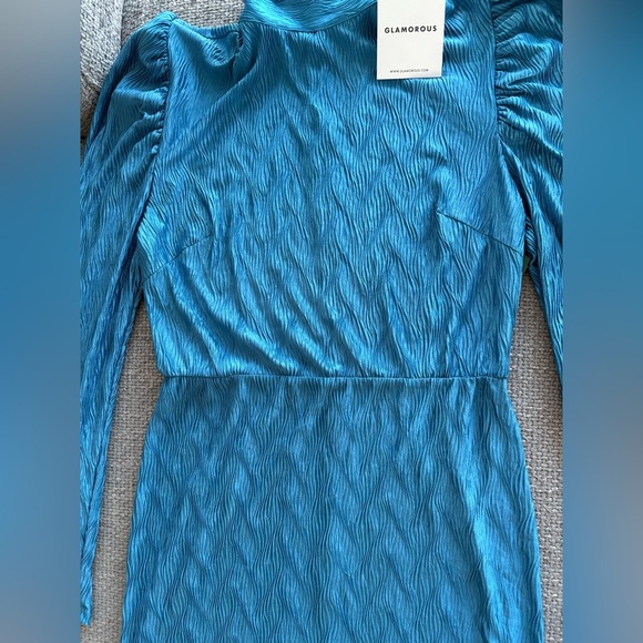 Glamorous Turquoise Textured High-Neck Mini Dress Size US 8 - Picture 15 of 16